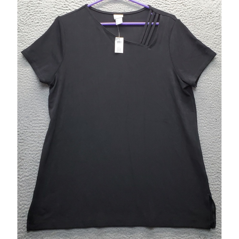 Chico's Travelers Lattice Detail Top Womens 12/14 Black Slit Stretch Pullover